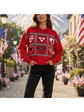 VTG 80s Sz Large Grandmacore Americana Red Collared Women Embroidered Sweatshirt